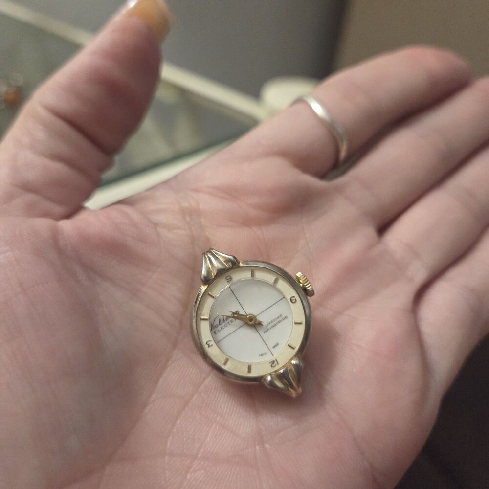 Vintage Waldman Electric Swiss Ladies Watch Head White Floral Porcelain Dial...